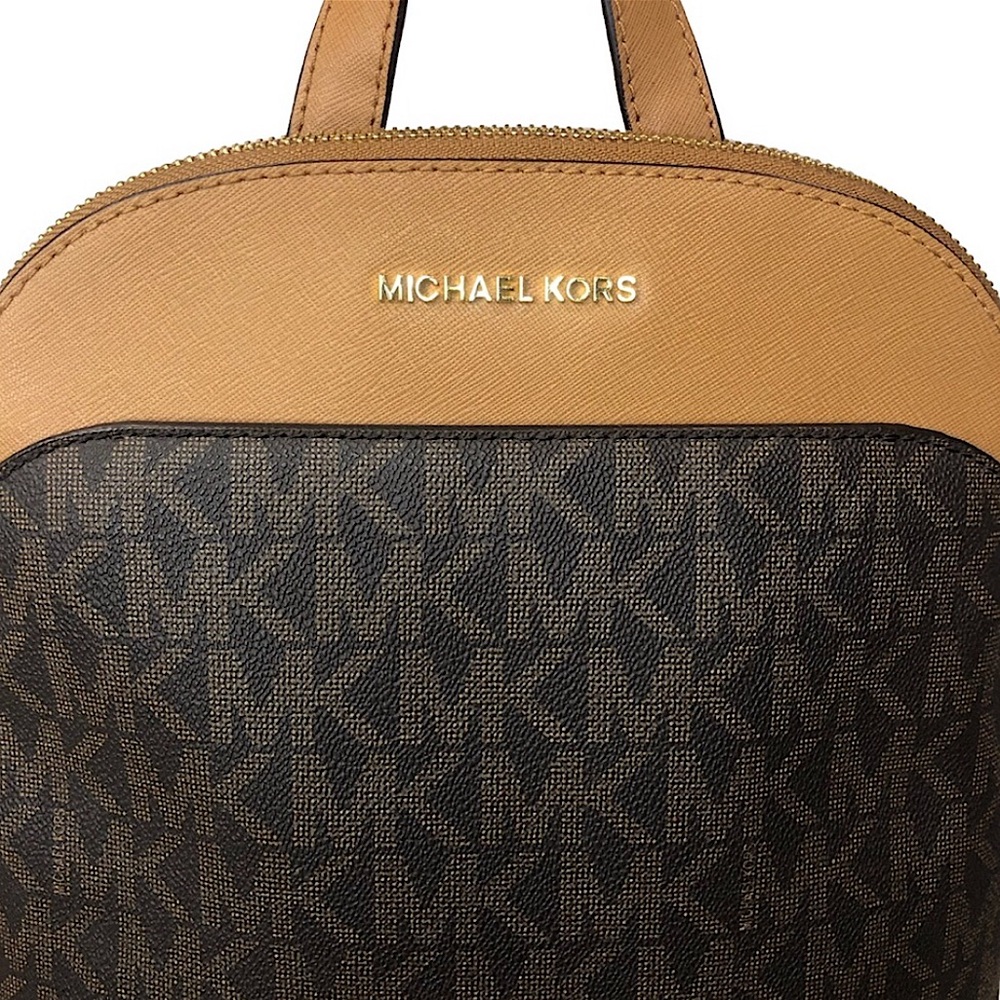 MICHAEL KORS Tan Leather & MK Monogram Brown Coated Canvas Ipad Backpack NWT
